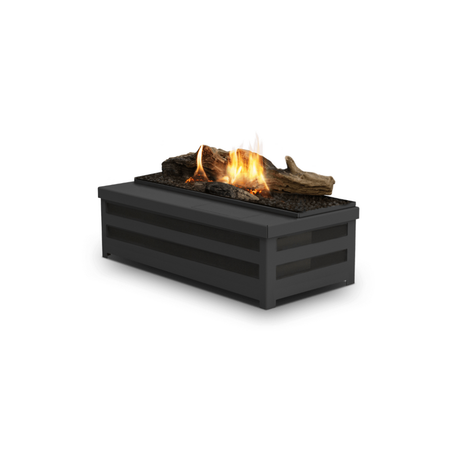 A free standing fireplace with artificial logs from Planika on a white background available at Spacio retail stores in Mumbai & Kolkata. 