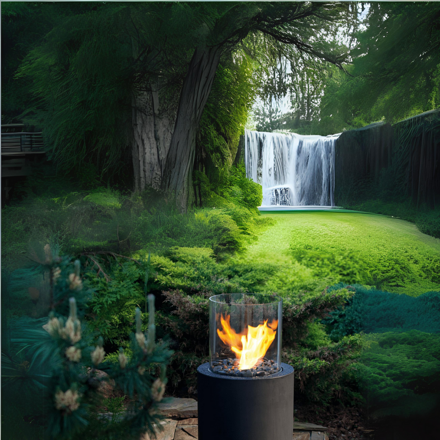 Black colour bioethanol fireplace in a scenic outdoor