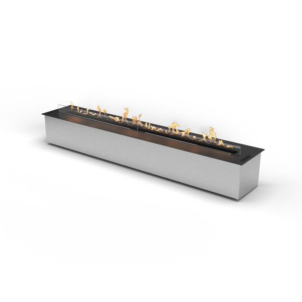 Long rectangular fire pit with flames on a white background from Planika available at Spacio retail stores in Mumbai & Kolkata