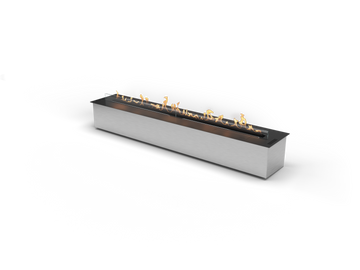 Long rectangular fire pit with flames on a white background from Planika available at Spacio retail stores in Mumbai & Kolkata