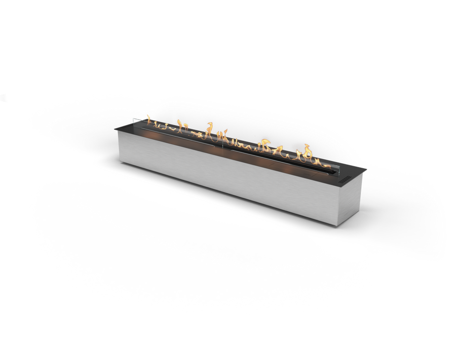 Long rectangular fire pit with flames on a white background from Planika available at Spacio retail stores in Mumbai & Kolkata