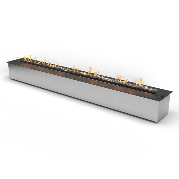 Long rectangular bioethanol insert fireplace with flames on a white background available Spacio retail stores in Mumbai & Kolkata. 
