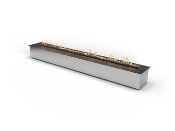 Long rectangular bioethanol insert fireplace with flames on a white background available Spacio retail stores in Mumbai & Kolkata. 