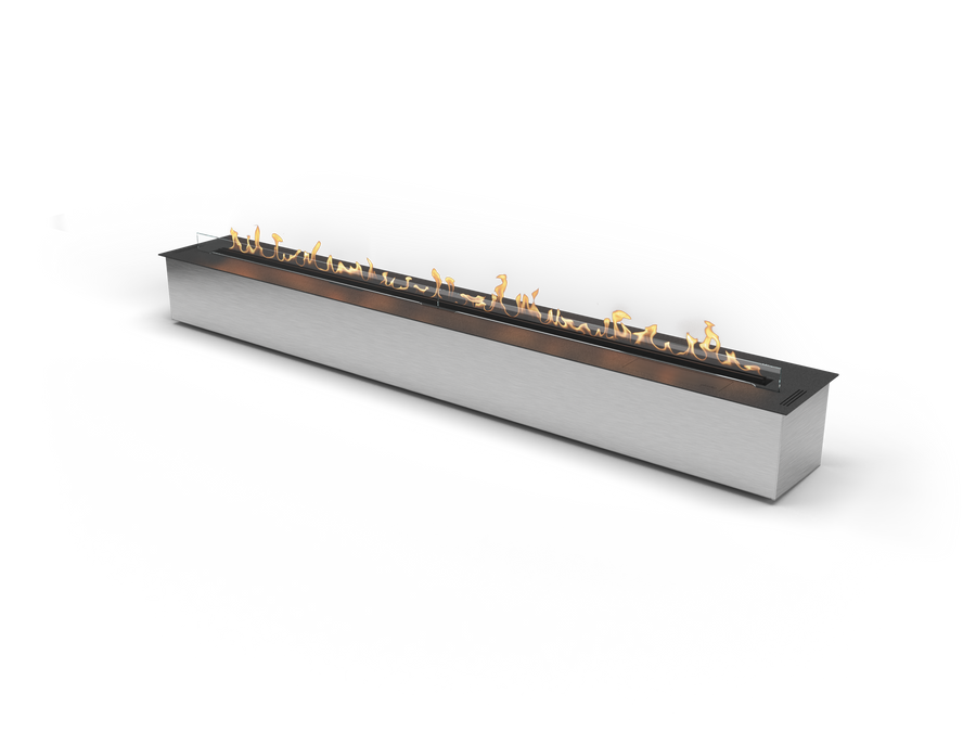 Long rectangular bioethanol insert fireplace with flames on a white background available Spacio retail stores in Mumbai & Kolkata. 