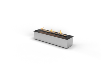 Rectangular fire pit with flames on a white background from Planika available at Spacio retail stores in Mumbai & Kolkata. 