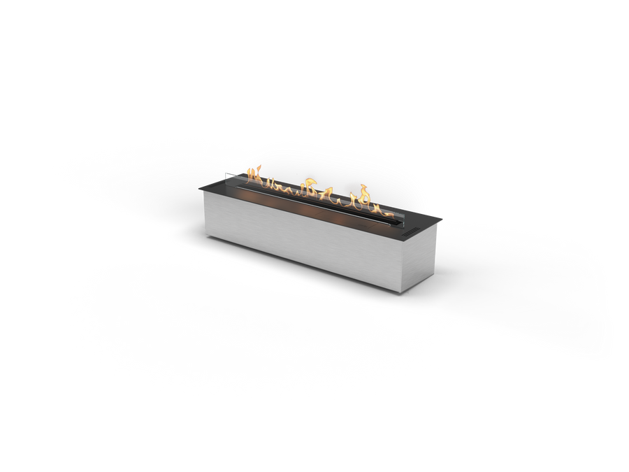 Rectangular fire pit with flames on a white background from Planika available at Spacio retail stores in Mumbai & Kolkata. 
