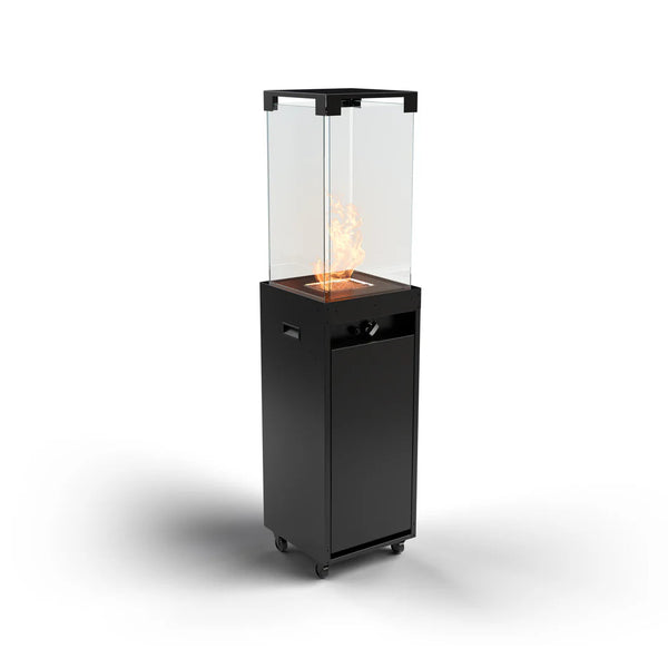 Black outdoor gas fireplace with glass cover on a white background from Planika available at Spacio retail stores in Mumbai & Kolkata. 