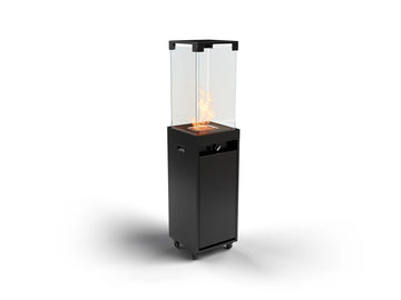 Black outdoor gas fireplace with glass cover on a white background from Planika available at Spacio retail stores in Mumbai & Kolkata. 
