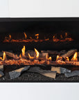 Modern bioethanol fireplace with glowing logs and flames on a black background