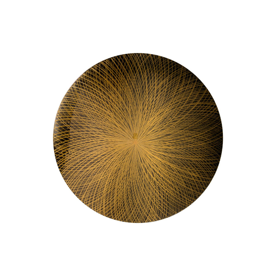 Decorative glass plate with a geometric gold pattern on a white background by Gardeco available at Spacio retail stores in Mumbai & Kolkata.  