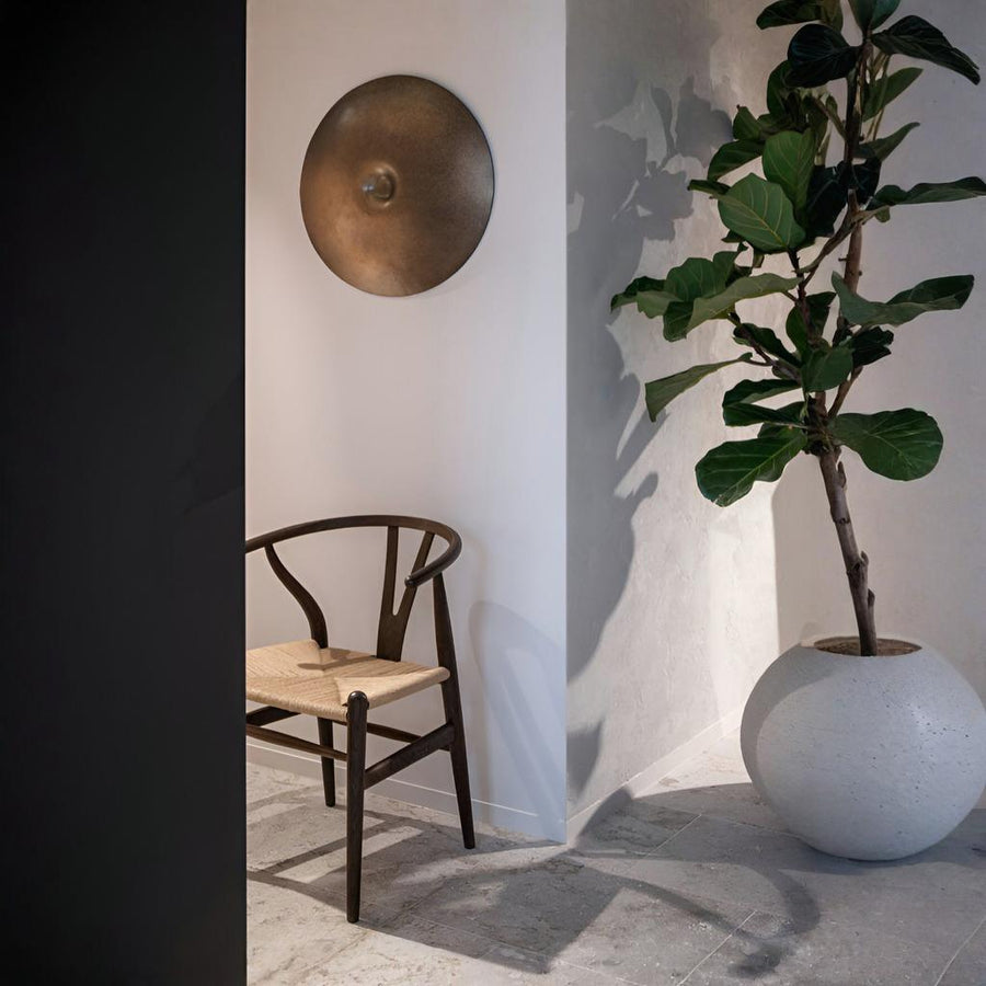 Room interior with a chair, plant, and decorative wall piece by Gardeco available at Spacio retail stores in Mumbai & Kolkata.  