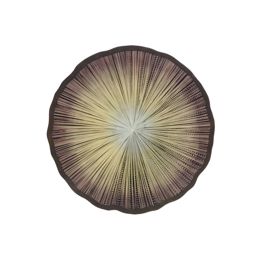 Round decorative glass wall art with a sunburst pattern on a white background
