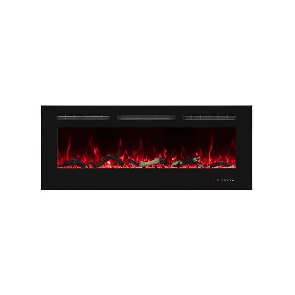 Black electric fireplace with glowing red and orange flames on a black background