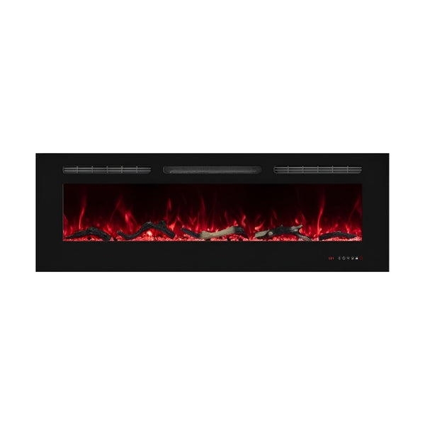Electric fireplace insert with glowing red and orange flames on a white background