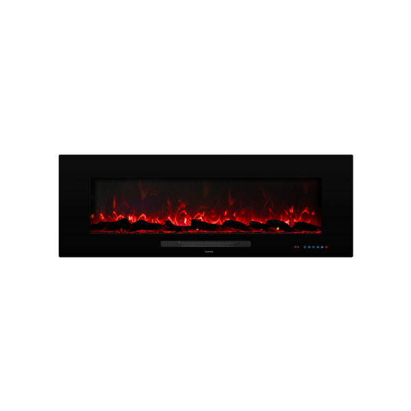 Rectangular electric fireplace with glowing red interior on a white background