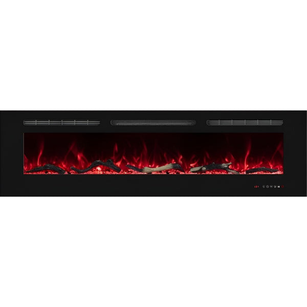 Electric fireplace insert with glowing red flames on a white background