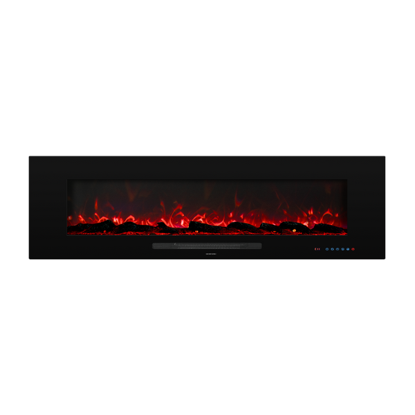 Black electric fireplace with glowing red and orange flames on a white background