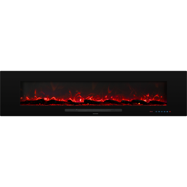 Electric fireplace with glowing red logs on a white background