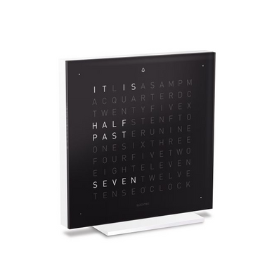 A Clock Qlocktwo Touch Pure Black Ice Tea table clock from Qlocktwo with the words 'half past seven' and an alarm function at Spacio Mumbai retail store
