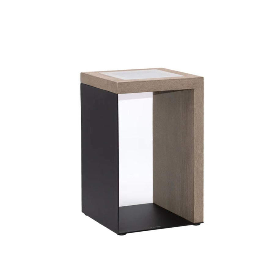 Solar lantern with a black base and wooden top on a white background