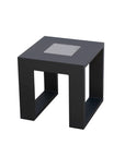 Black solar light indoor outdoor side table with a glass top on a white background
