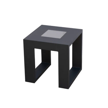 Black solar light indoor outdoor side table with a glass top on a white background