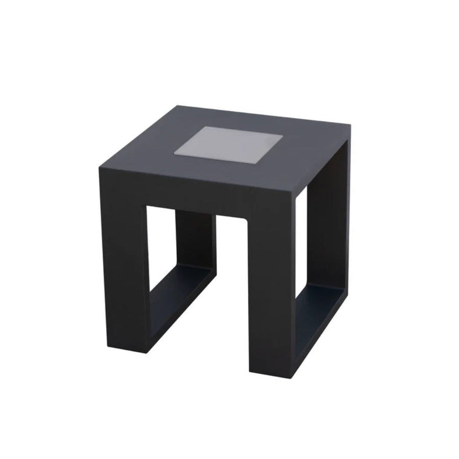 Black solar light indoor outdoor side table with a glass top on a white background
