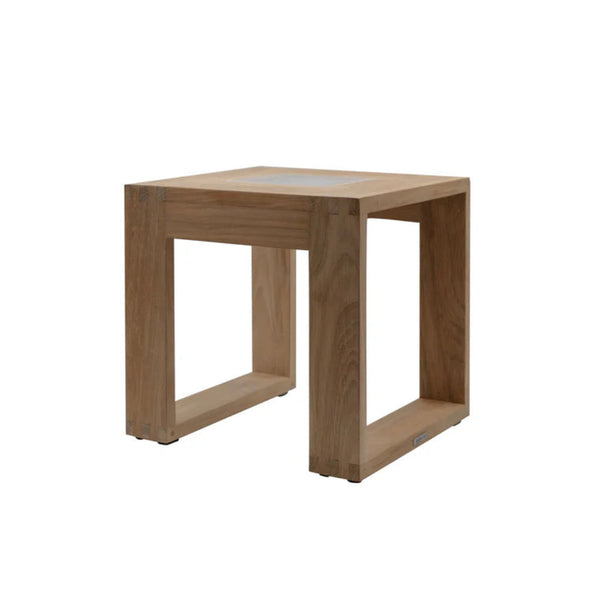 Wooden solar light side table on a white background