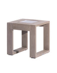 Square side table with a solar light in wood finish on a white background