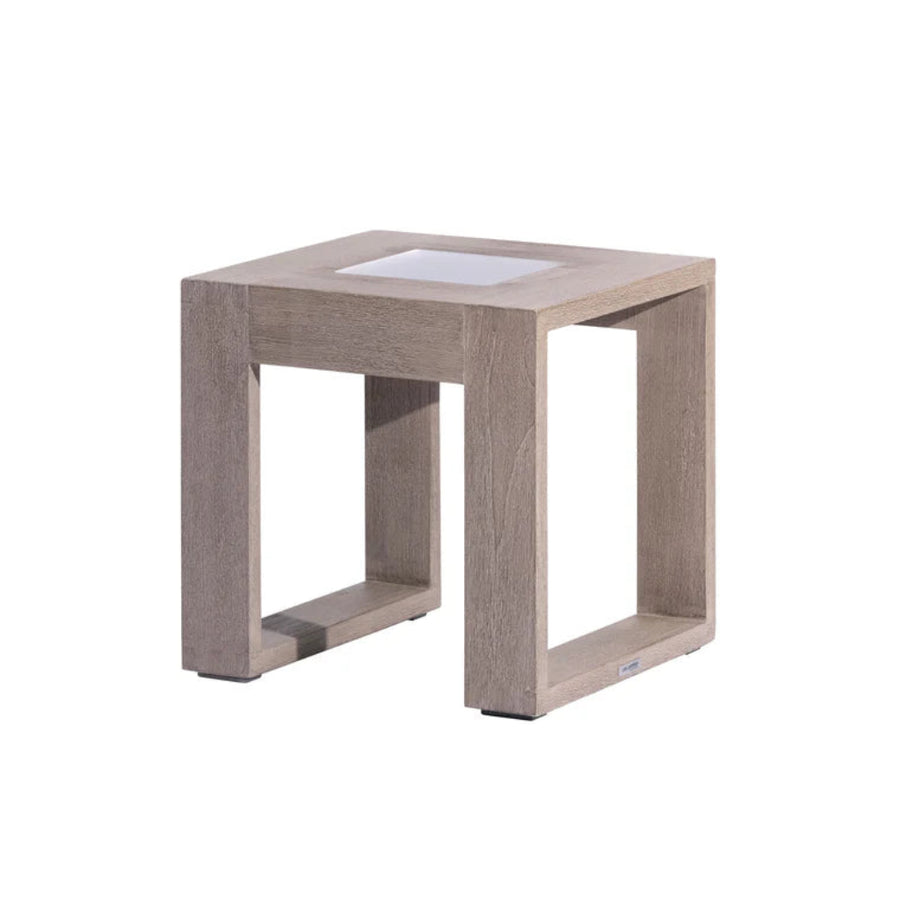 Square side table with a solar light in wood finish on a white background