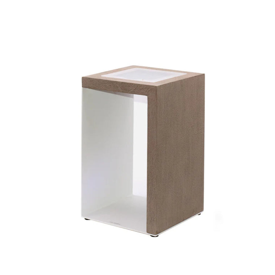 Square solar lantern with wooden top and white base on a white background