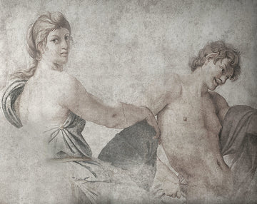 Handcrafted fresco artwork of a classic Italian scene with a woman and man, made on plaster sheets with Carrara marble and Roman travertine powder, part of Spacio's Fine Art Classic Collection.