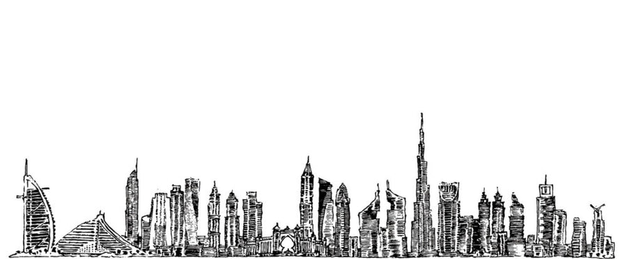 Hand-drawn fresco artwork of Dubai’s skyline, crafted in Italy on thin plaster sheets with Carrara marble and travertine for luxurious interior decor.