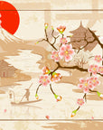 A fresco mural of cherry blossoms, traditional Japanese pagodas, and a red sun, crafted with Italian expertise using Carrara marble and Roman travertine powders.