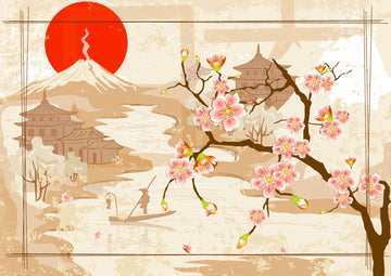 A fresco mural of cherry blossoms, traditional Japanese pagodas, and a red sun, crafted with Italian expertise using Carrara marble and Roman travertine powders.