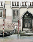 Watercolour-style fresco of a Venice canal home featuring a gondola, created on hand-prepared Italian plaster with Carrara marble and Roman travertine powder.