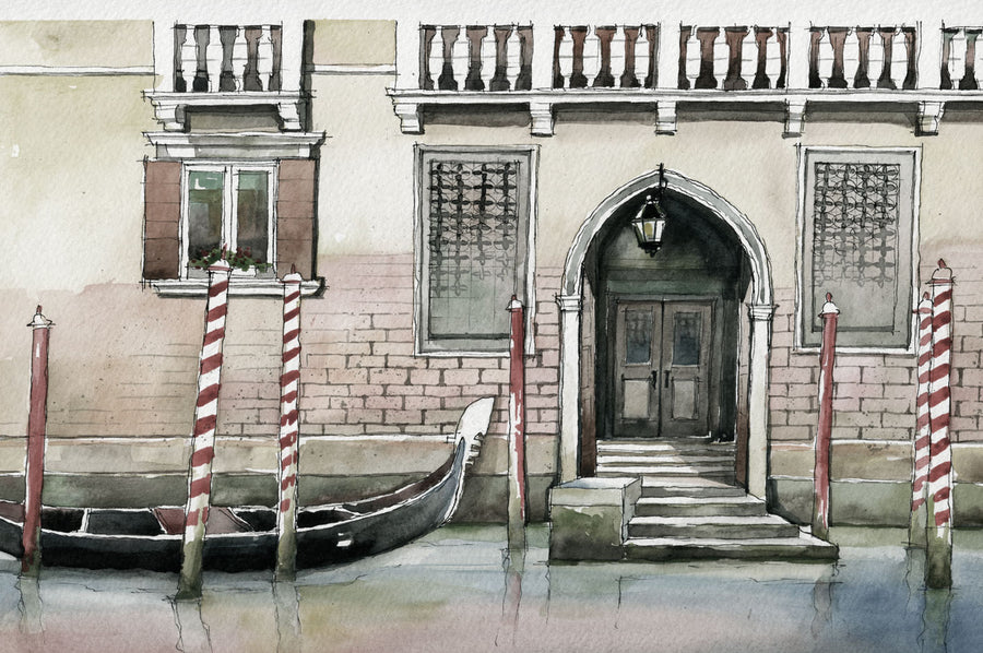 Watercolour-style fresco of a Venice canal home featuring a gondola, created on hand-prepared Italian plaster with Carrara marble and Roman travertine powder.