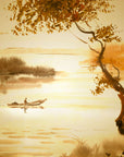 Golden watercolour fresco mural depicting a calm lake, a small boat, and a windswept tree, handcrafted on Italian plaster with Carrara marble and travertine powder.