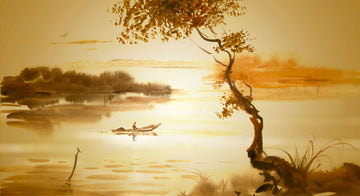 Golden watercolour fresco mural depicting a calm lake, a small boat, and a windswept tree, handcrafted on Italian plaster with Carrara marble and travertine powder.