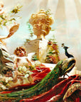 A classic fresco mural featuring blooming flowers, peacocks, cherubs, and a serene central figure on vibrant crimson drapery, handcrafted with Italian plaster.