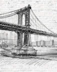 A hand-sketched fresco mural of the Manhattan Bridge in New York, crafted on Italian plaster with Carrara marble and Roman travertine for a luxury finish.