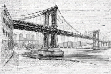 A hand-sketched fresco mural of the Manhattan Bridge in New York, crafted on Italian plaster with Carrara marble and Roman travertine for a luxury finish.