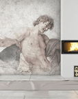 Handcrafted fresco artwork of a classic Italian scene with a woman and man, made on plaster sheets with Carrara marble and Roman travertine powder, part of Spacio's Fine Art Classic Collection. It is next to a fire place and logs of wood in a double height living room. 