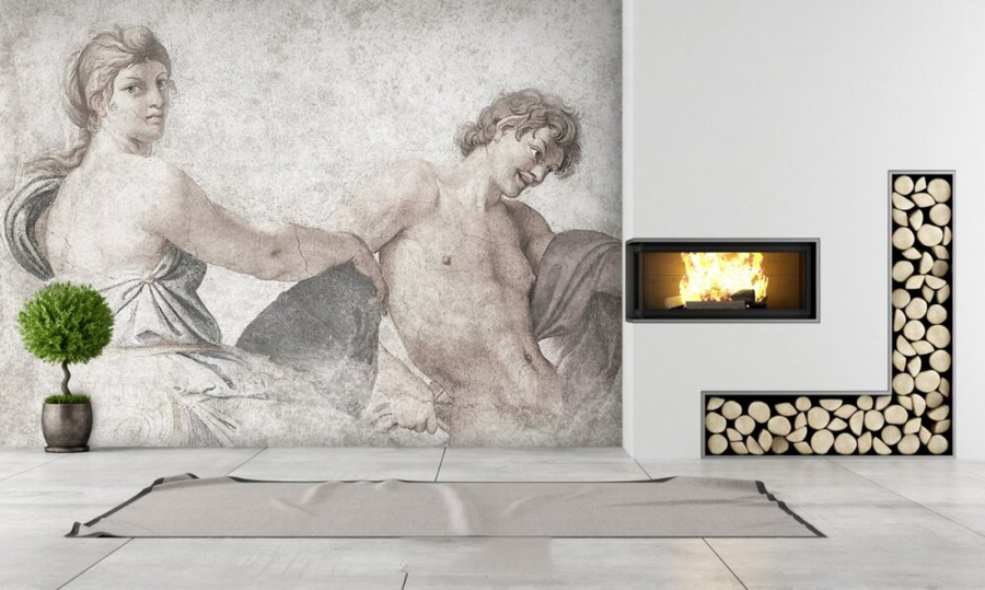 Handcrafted fresco artwork of a classic Italian scene with a woman and man, made on plaster sheets with Carrara marble and Roman travertine powder, part of Spacio's Fine Art Classic Collection. It is next to a fire place and logs of wood in a double height living room. 