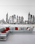 Hand-drawn fresco artwork of Dubai’s skyline, crafted in Italy on thin plaster sheets with Carrara marble and travertine for luxurious interior decor in a living room