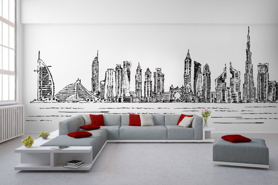 Hand-drawn fresco artwork of Dubai’s skyline, crafted in Italy on thin plaster sheets with Carrara marble and travertine for luxurious interior decor in a living room