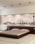 Hand-drawn fresco artwork of Sydney’s skyline featuring the Opera House and Harbour Bridge, crafted in Italy with Carrara marble and travertine, in a bedroom