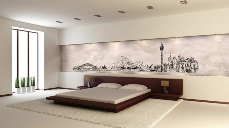 Hand-drawn fresco artwork of Sydney’s skyline featuring the Opera House and Harbour Bridge, crafted in Italy with Carrara marble and travertine, in a bedroom