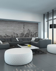 Fresco mural of Shanghai's skyline, handmade on plaster with Carrara marble and Roman travertine powder, blending Italian artistry with urban sophistication. Featured in a modern living room