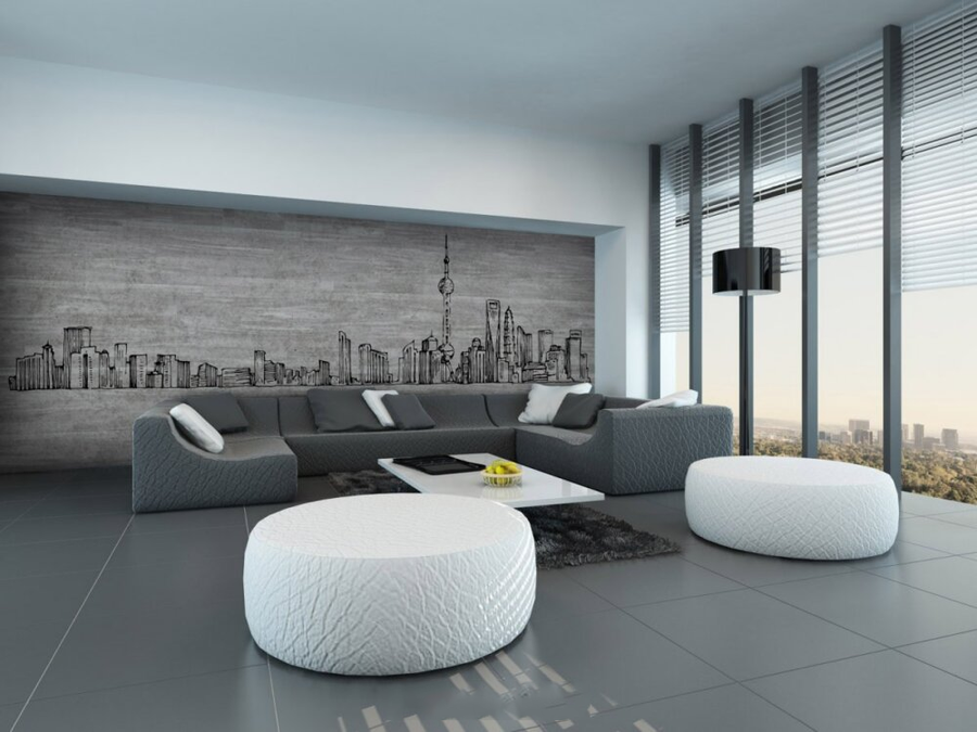 Fresco mural of Shanghai's skyline, handmade on plaster with Carrara marble and Roman travertine powder, blending Italian artistry with urban sophistication. Featured in a modern living room